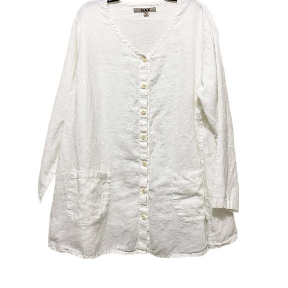 FLAX White Linen Button Front Tunic Top w Pockets Size M | EUC